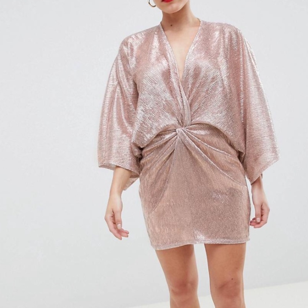 Flounce London wrap front kimono dress rose gold